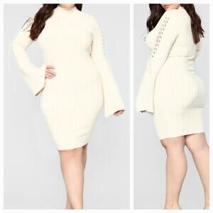 Fashion Nova Cream Knit Lace-up Bell Sleeve Mock Neck Dress Women's Plus Sz 3XL